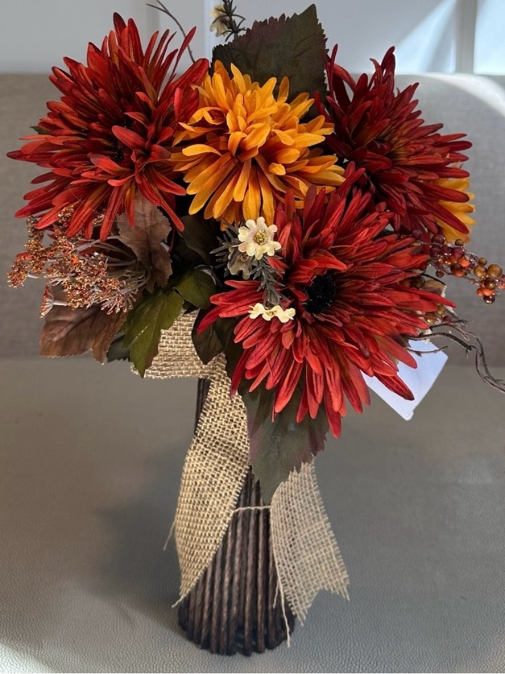 Artificial Fall Floral Arrangement in Red and Orange with Burlap Ribbon